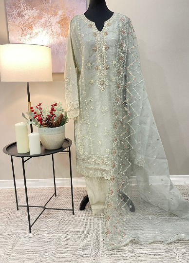 Light Tea Green Organza 3-Piece Suit