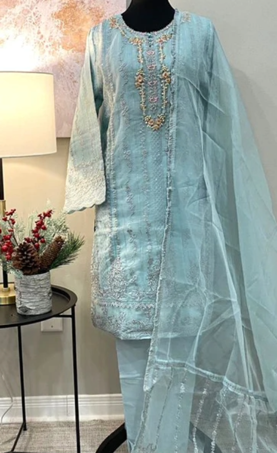 TURQUOISE ORGANZA 3-PIECE SUIT