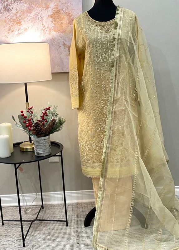 BEIGE YELLOW ORGANZA 3-PIECE SUIT