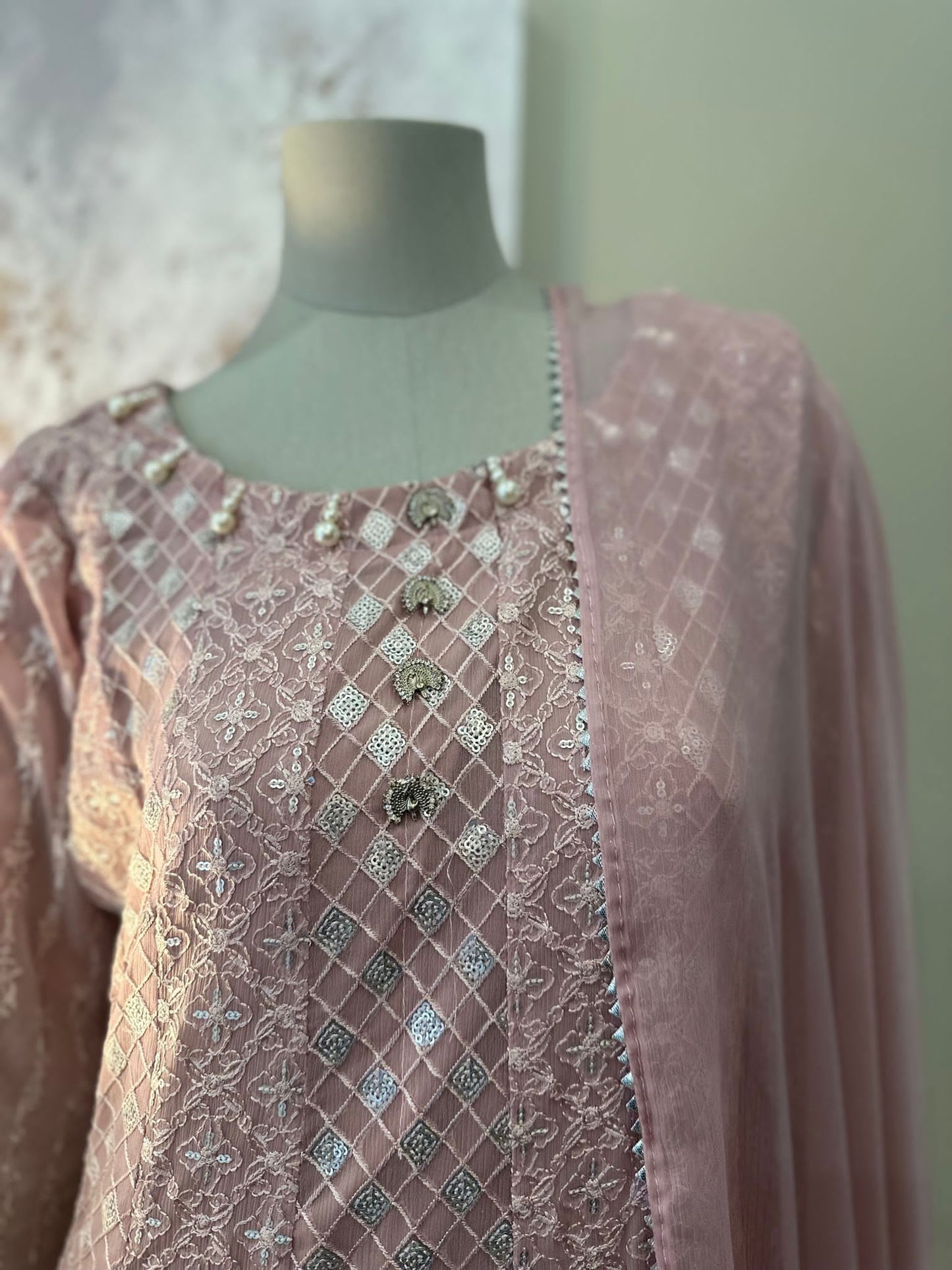 Pink Chiffon Chikankari Frock 3-Piece Suit - Peacock Button