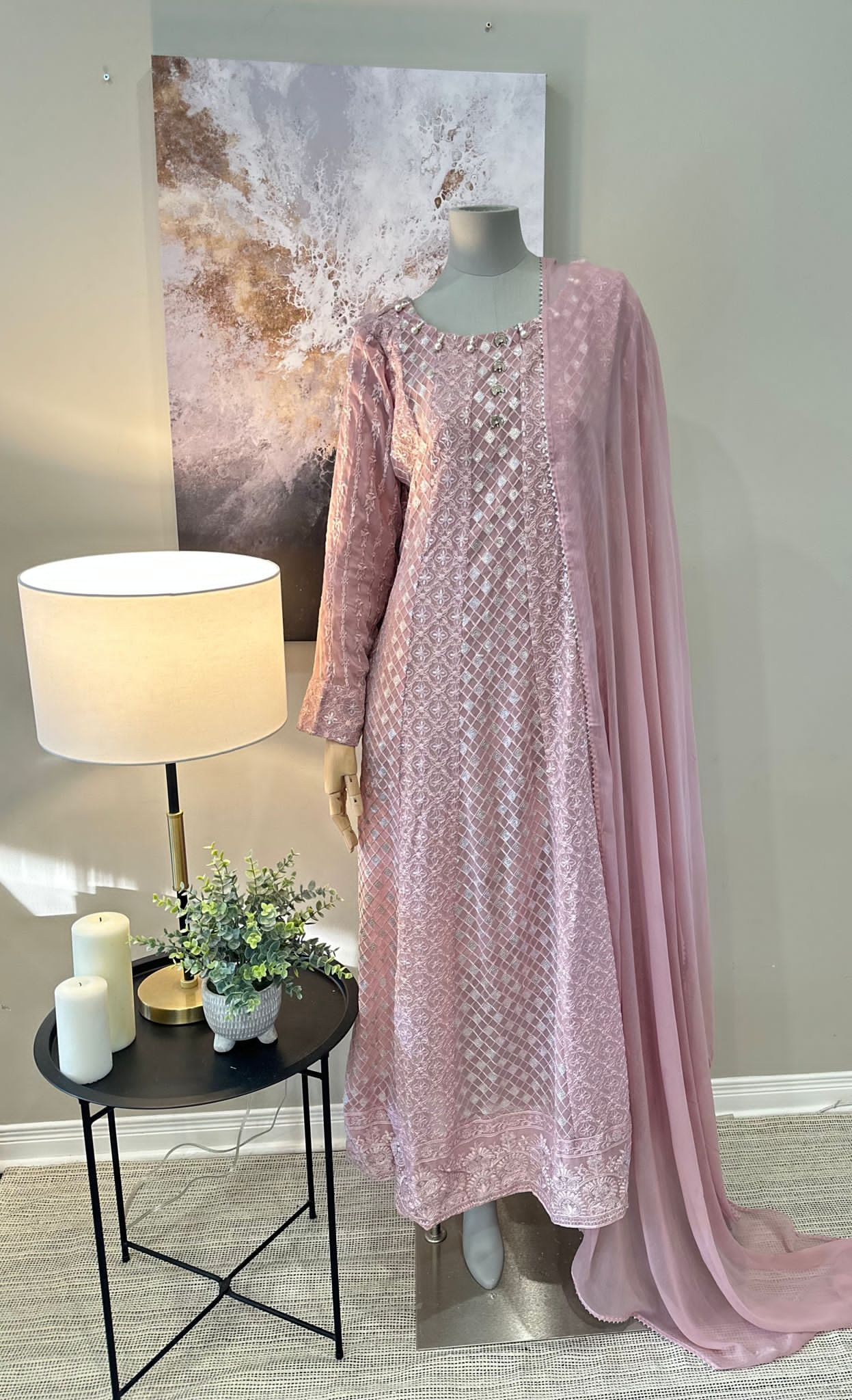 Pink Chiffon Chikankari Frock 3-Piece Suit - Peacock Button