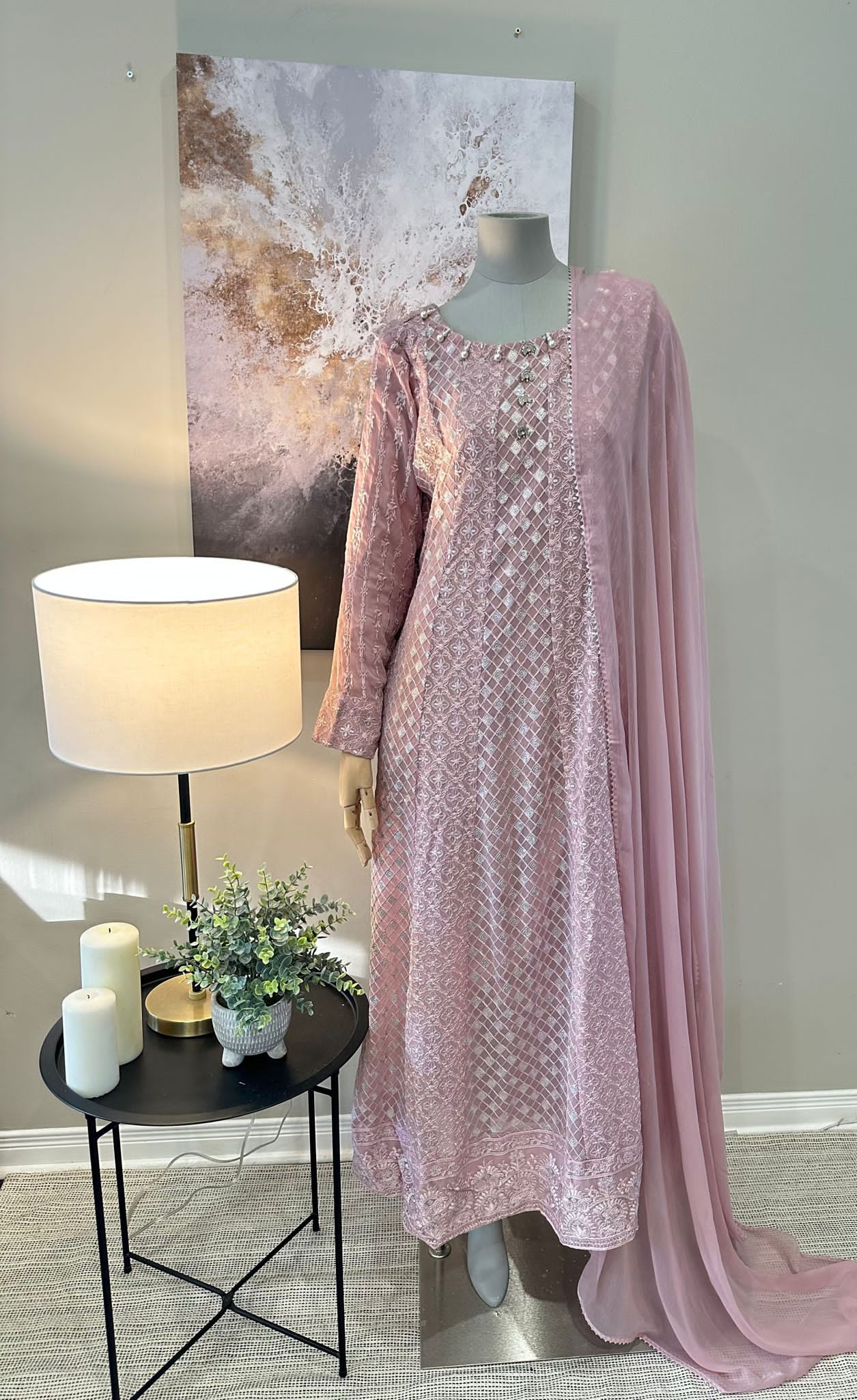 Pink Chiffon Chikankari Frock 3-Piece Suit - Peacock Button