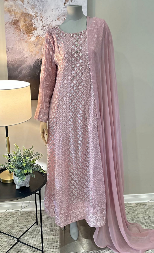 Pink Chiffon Chikankari Frock 3-Piece Suit - Peacock Button