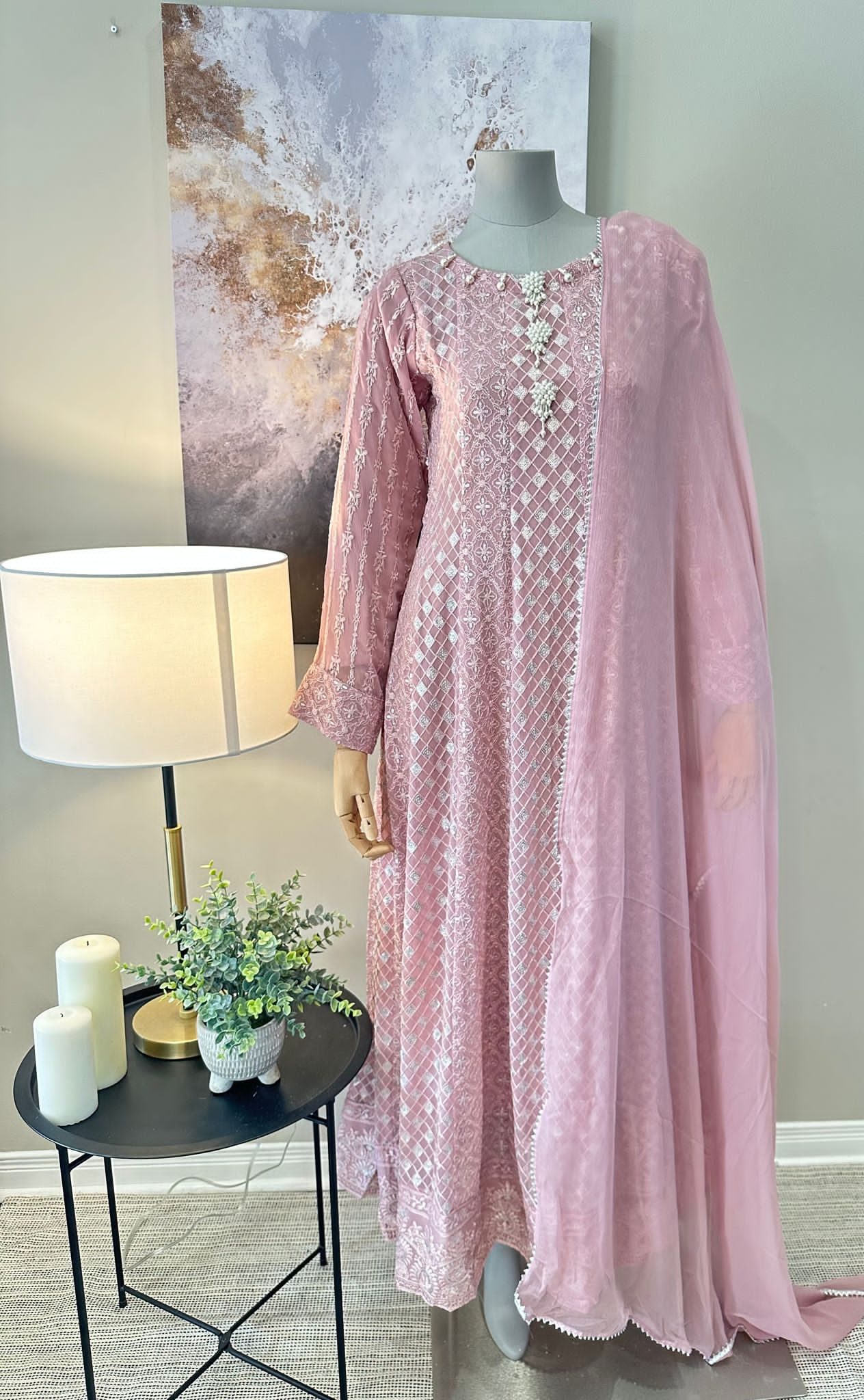 Pink Chiffon Chikankari Frock 3-Piece Suit - Pearl Button