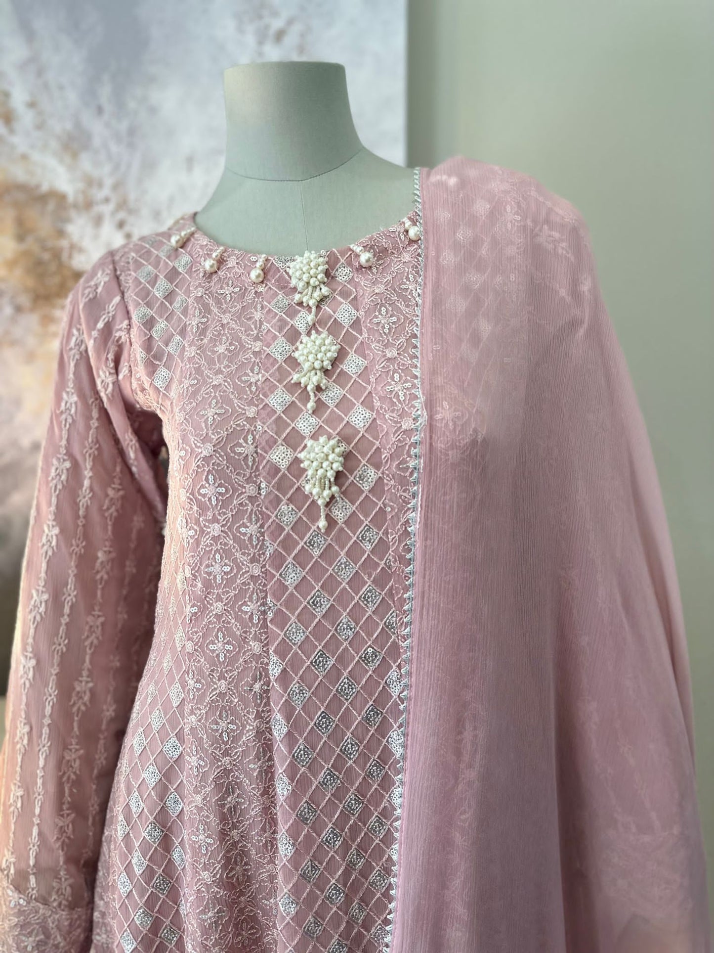 Pink Chiffon Chikankari Frock 3-Piece Suit - Pearl Button