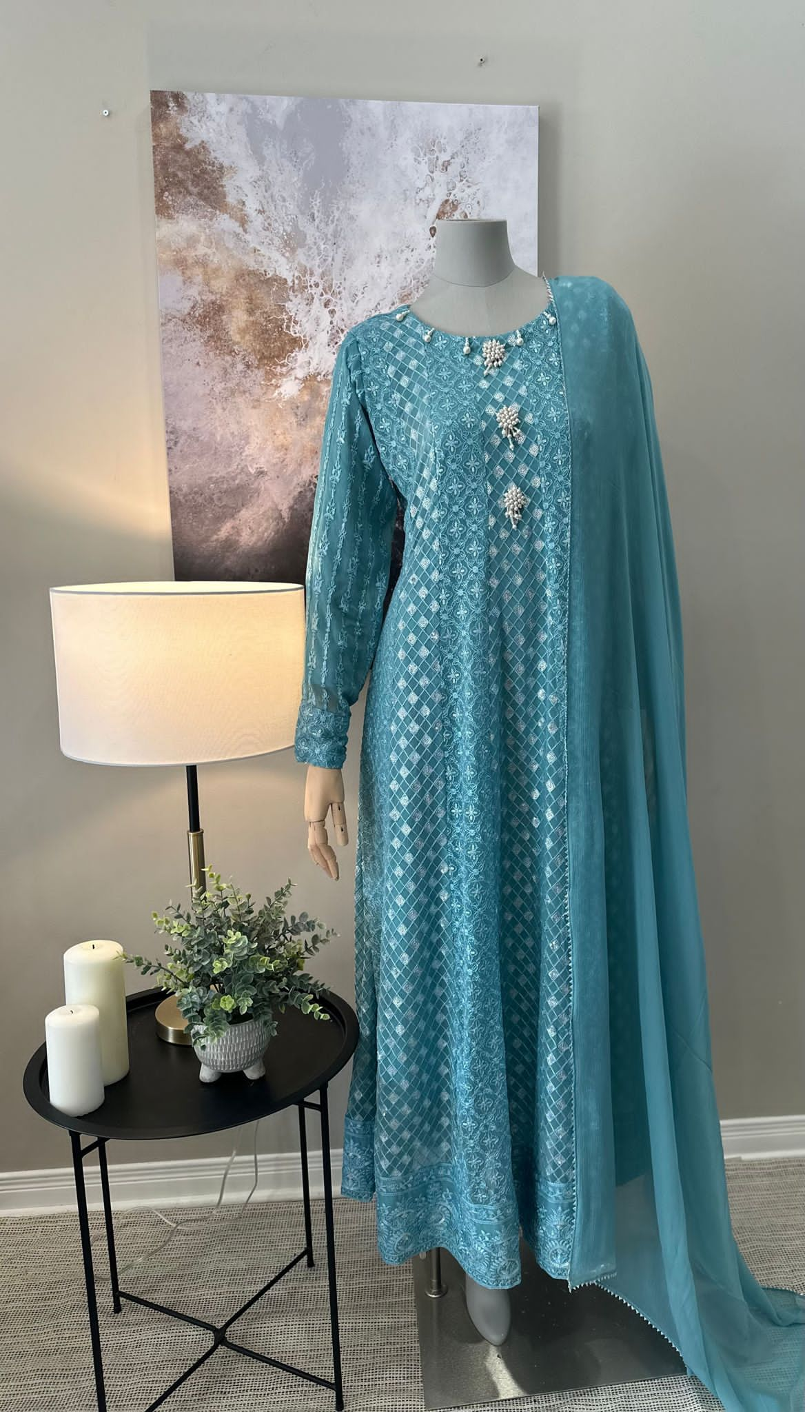 Turquoise Chiffon Chikankari Frock 3-Piece Suit - Pearl Button