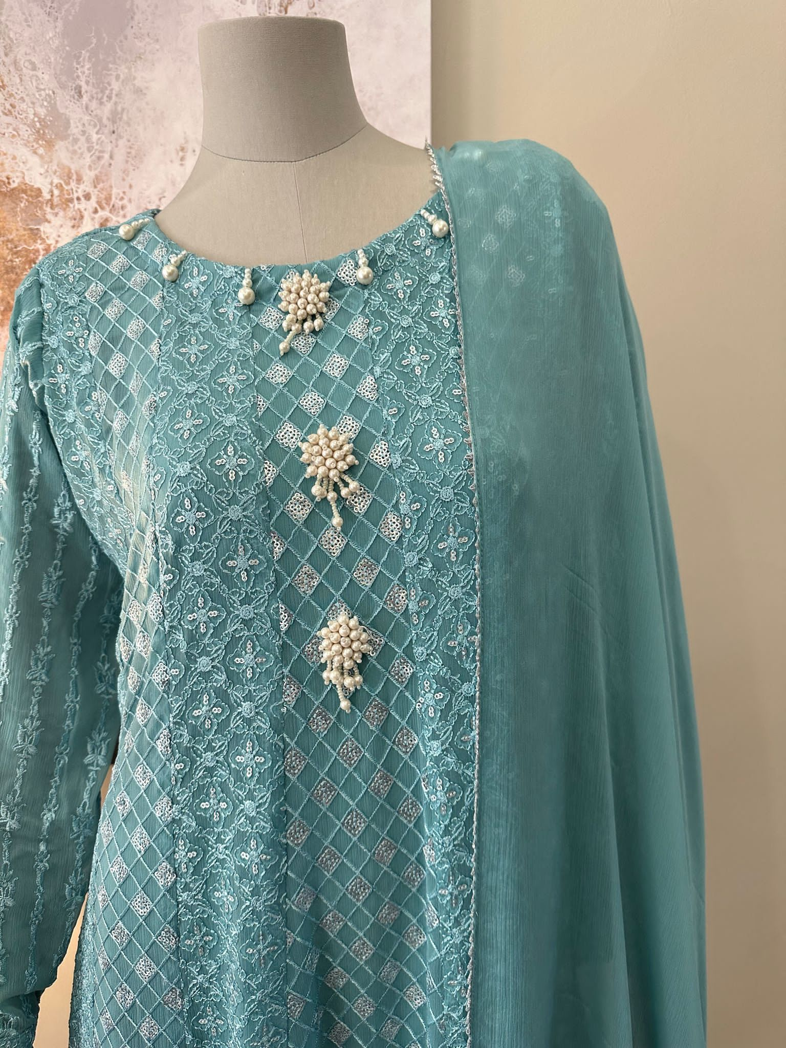 Turquoise Chiffon Chikankari Frock 3-Piece Suit - Pearl Button