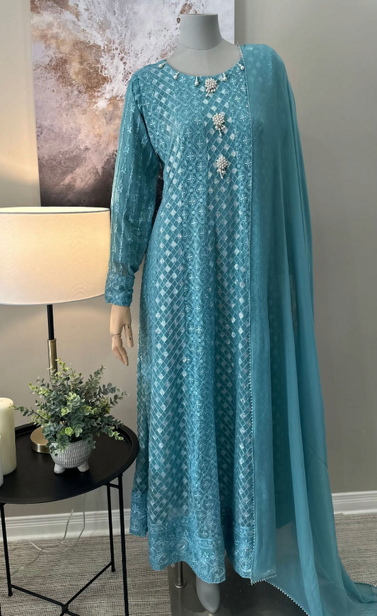 Turquoise Chiffon Chikankari Frock 3-Piece Suit - Pearl Button