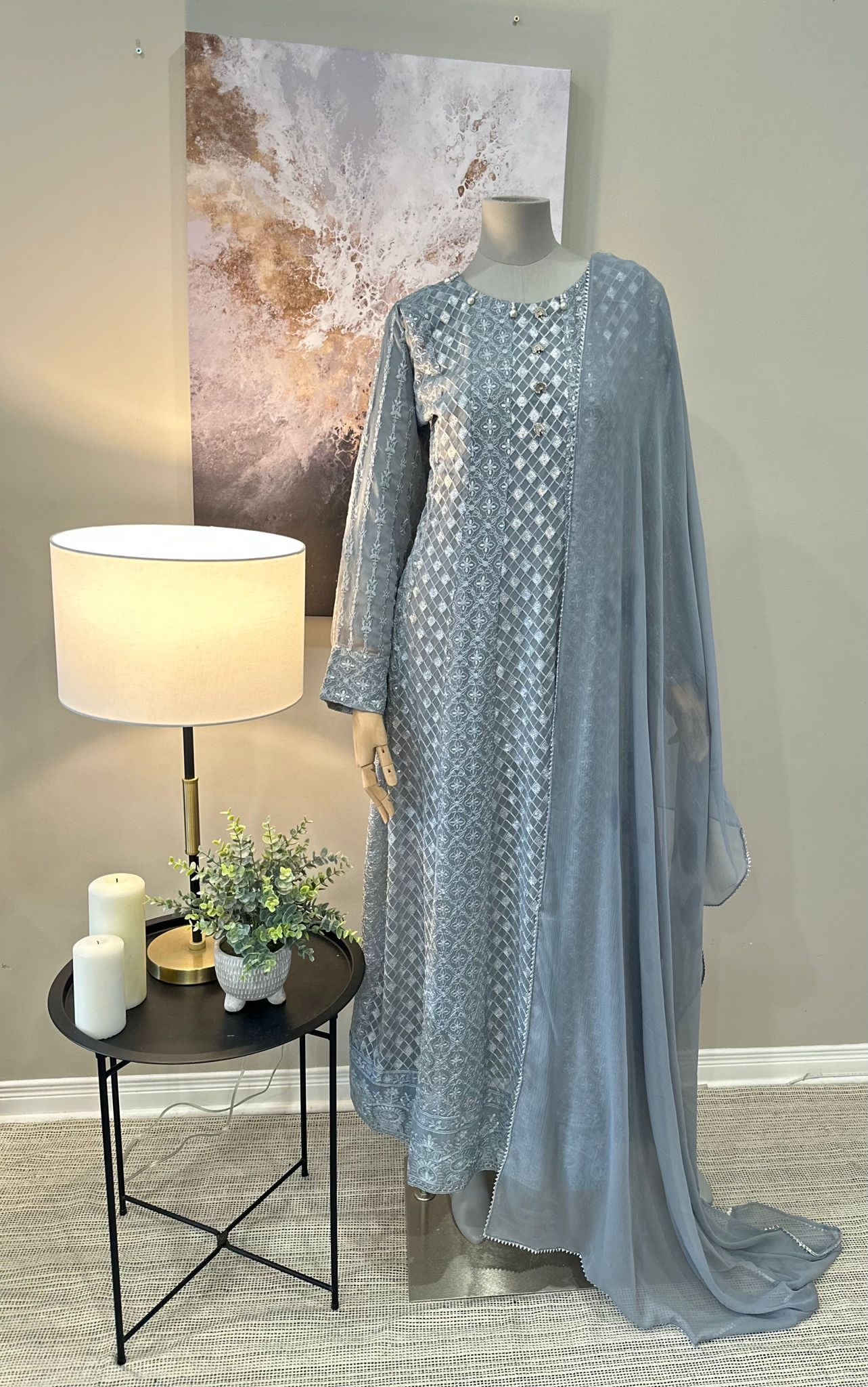 Grey Chiffon Chikankari Frock 3-Piece Suit - Peacock Button