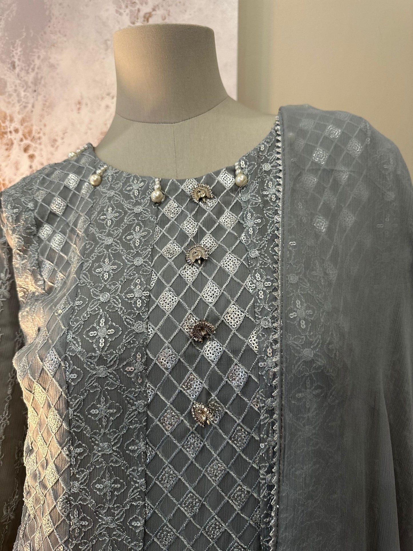 Grey Chiffon Chikankari Frock 3-Piece Suit - Peacock Button