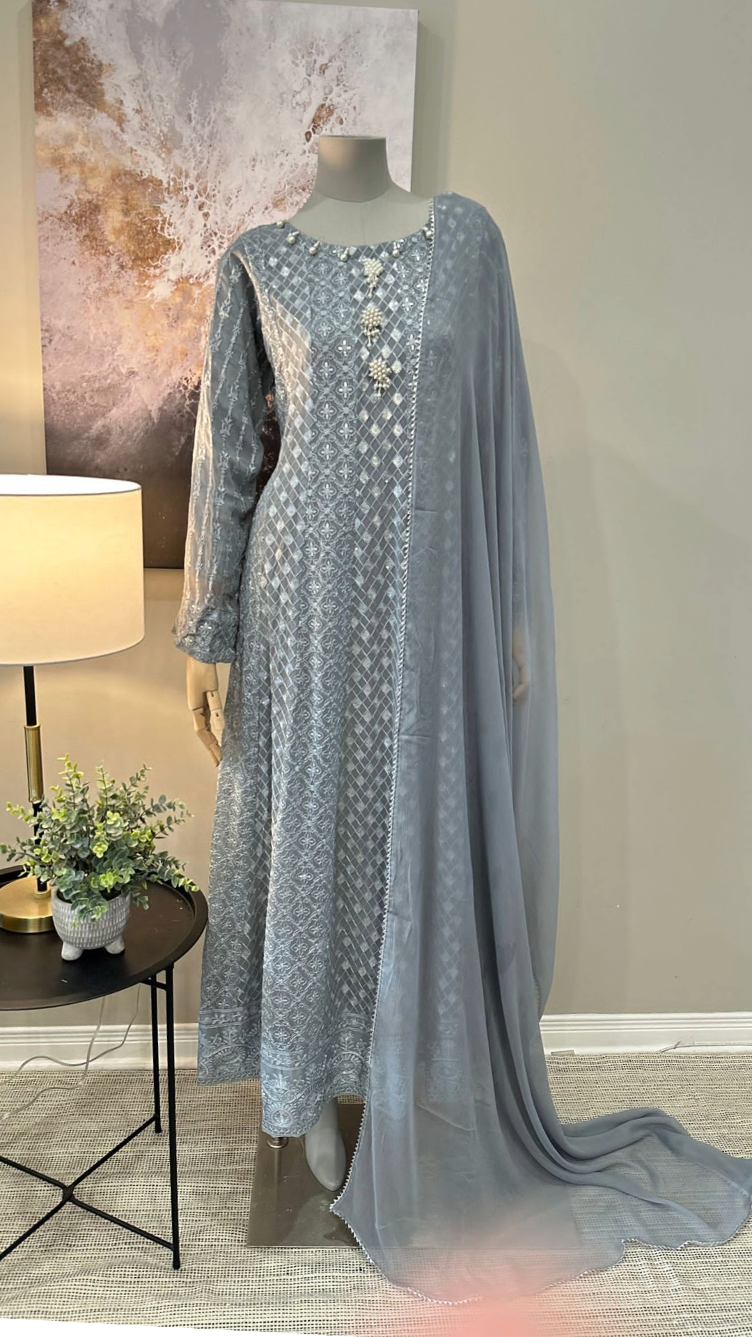 Grey Chiffon Chikankari Frock 3-Piece Suit - Pearl Button