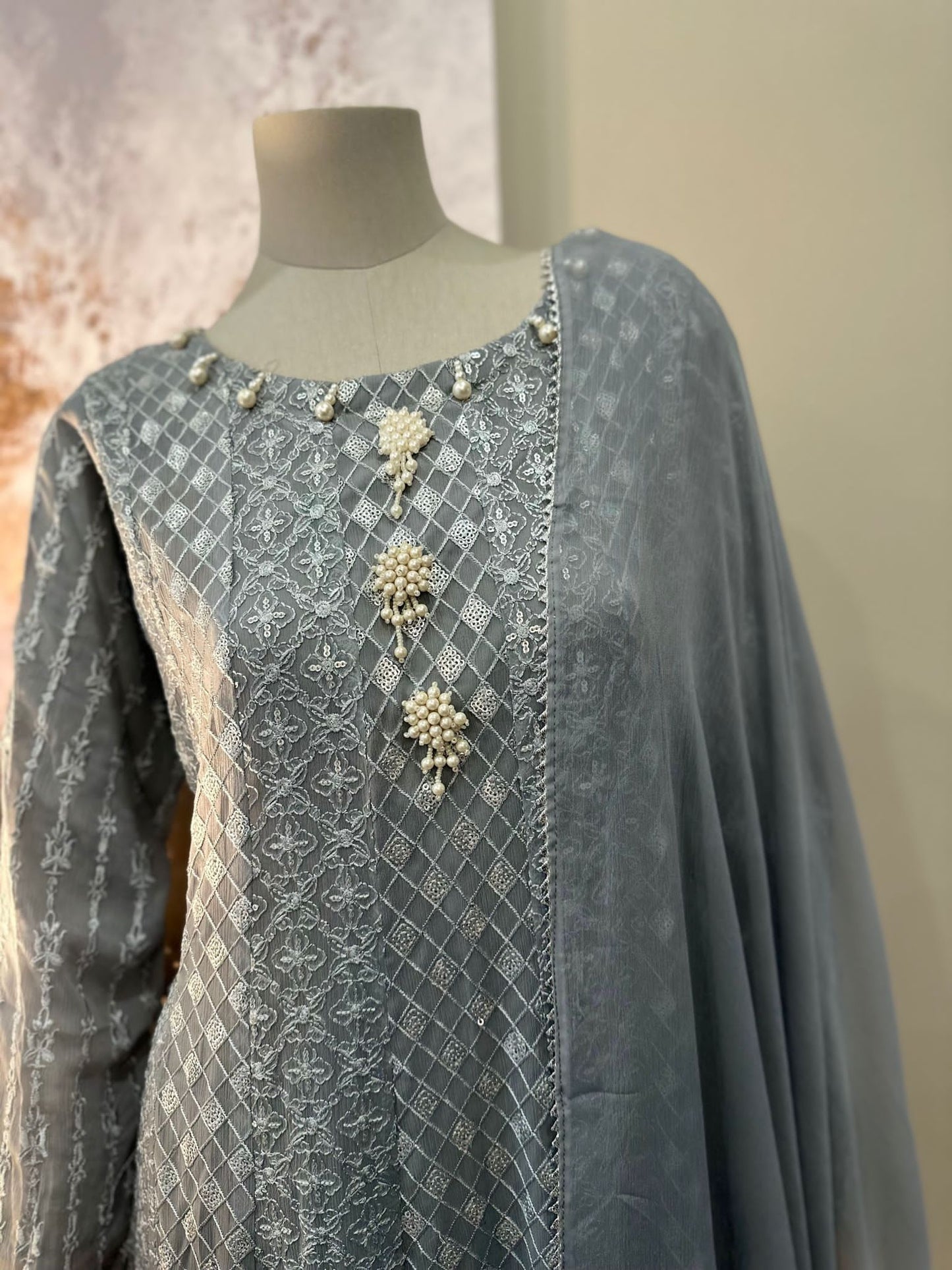 Grey Chiffon Chikankari Frock 3-Piece Suit - Pearl Button