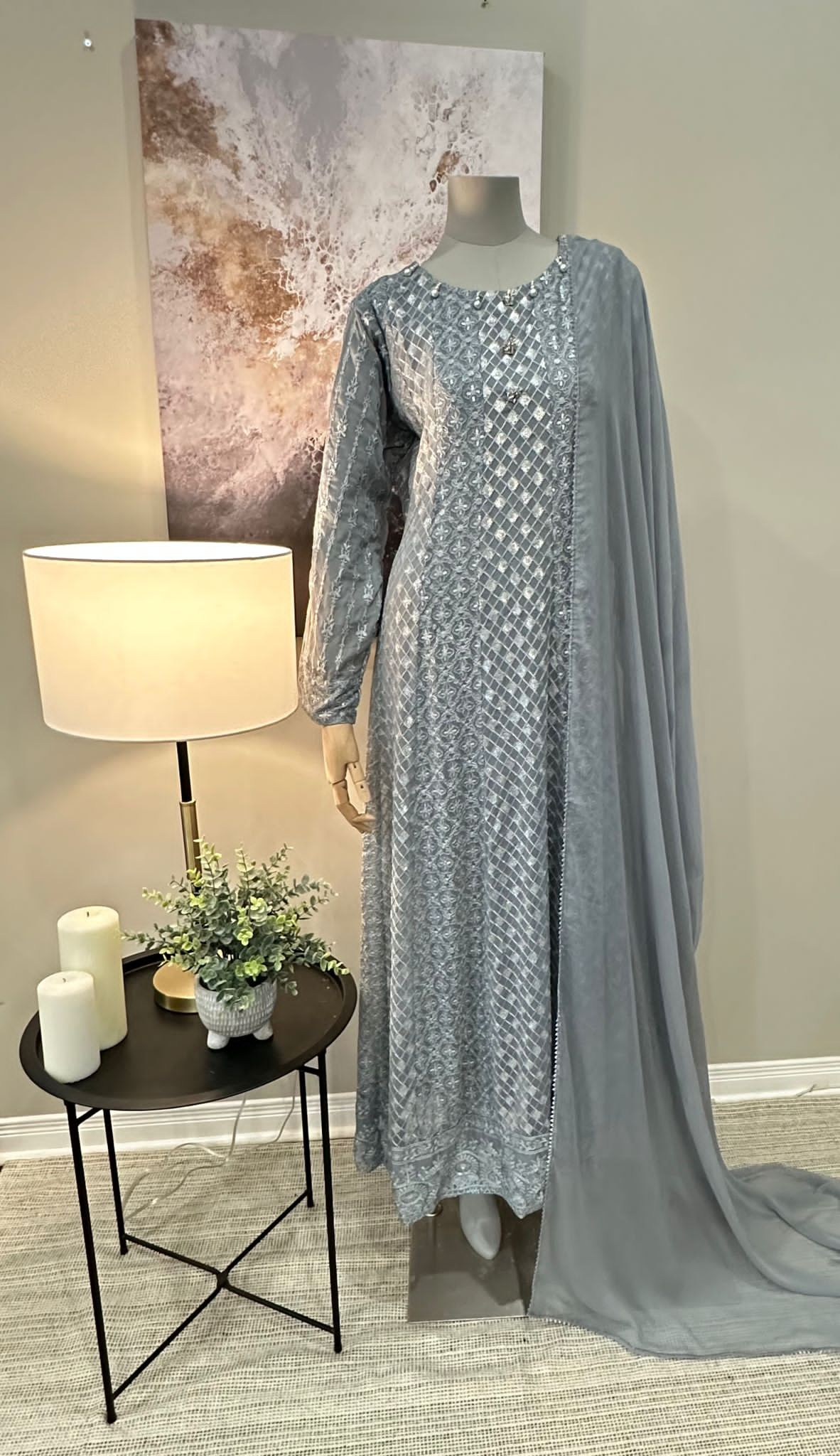 Grey Chiffon Chikankari Frock 3-Piece Suit - Star Button