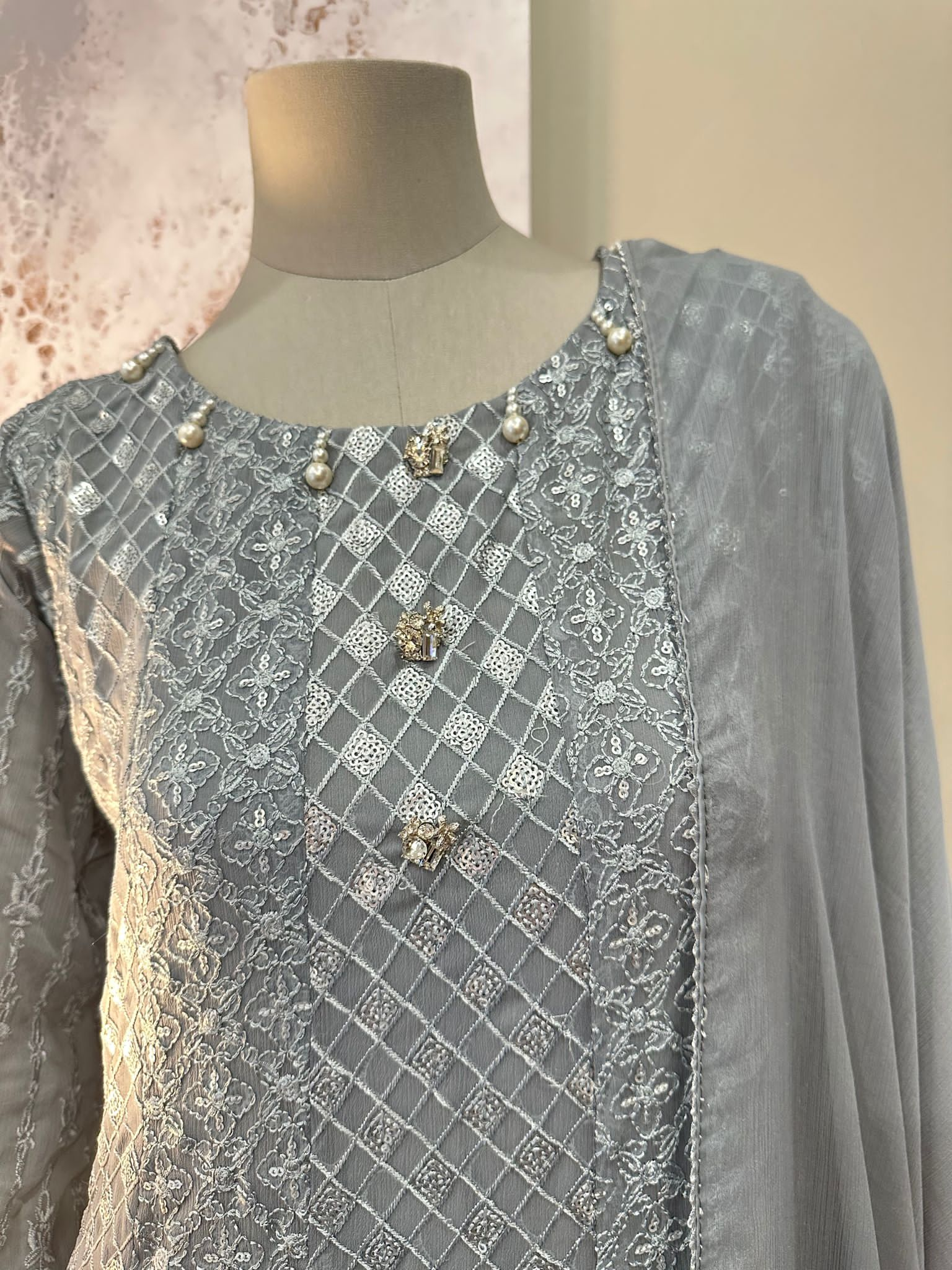 Grey Chiffon Chikankari Frock 3-Piece Suit - Star Button