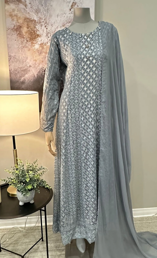 Grey Chiffon Chikankari Frock 3-Piece Suit - Star Button