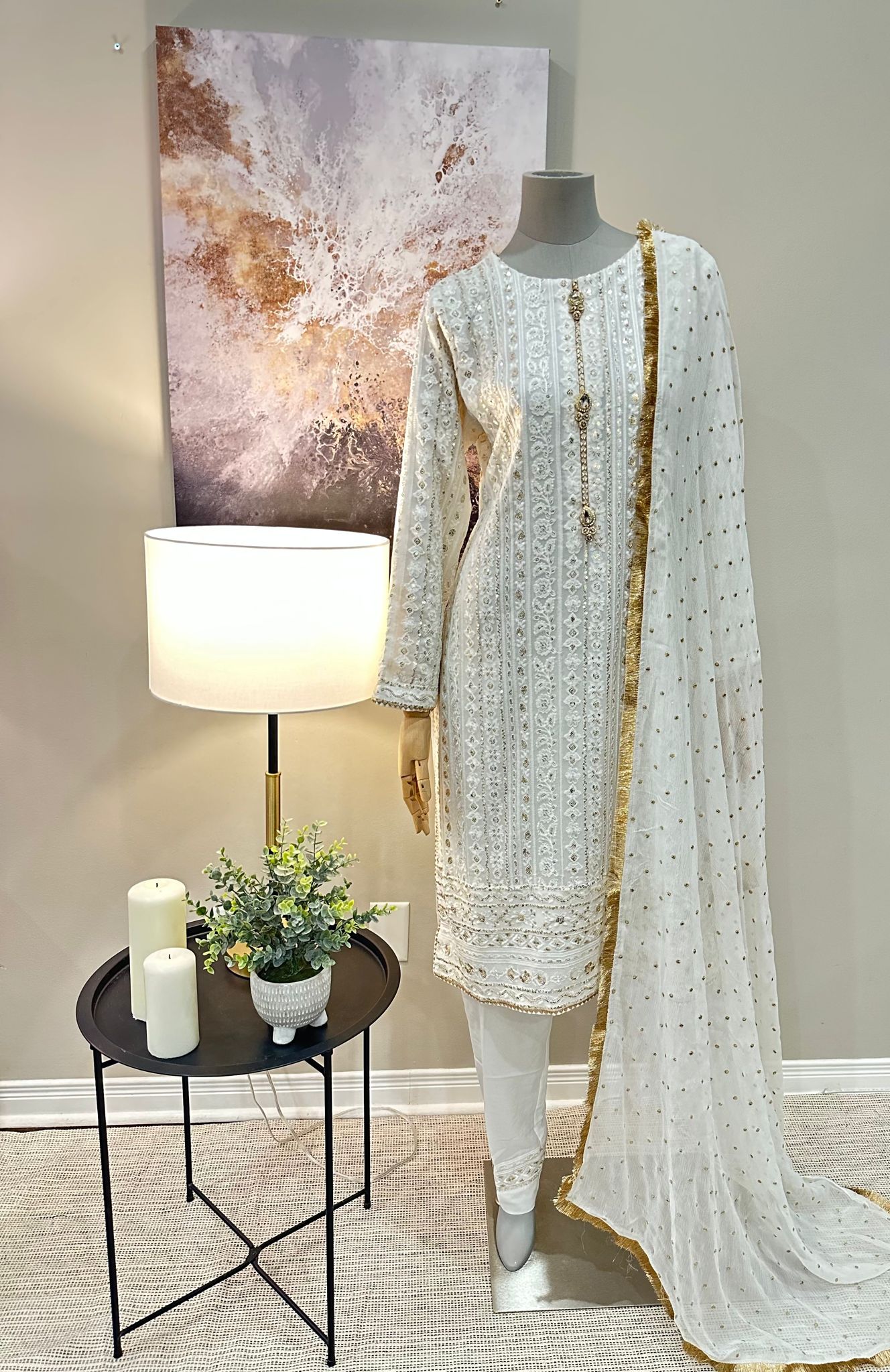 White Chiffon 3-Piece Suit - Crystal Button