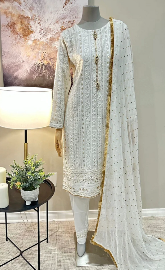 White Chiffon 3-Piece Suit - Crystal Button