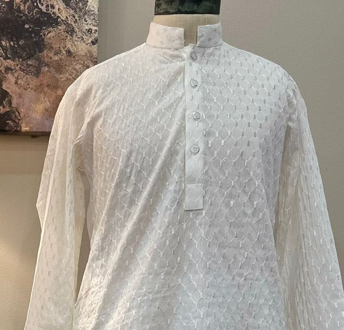 Boys White Chikankari Kurta Pajama