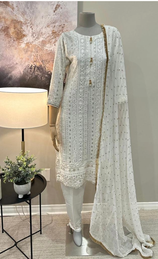 White Chiffon 3-Piece Suit - Pearl Button