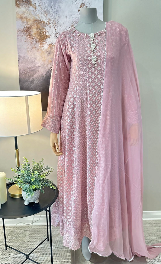 Pink Chiffon Chikankari Frock 3-Piece Suit - Pearl Button