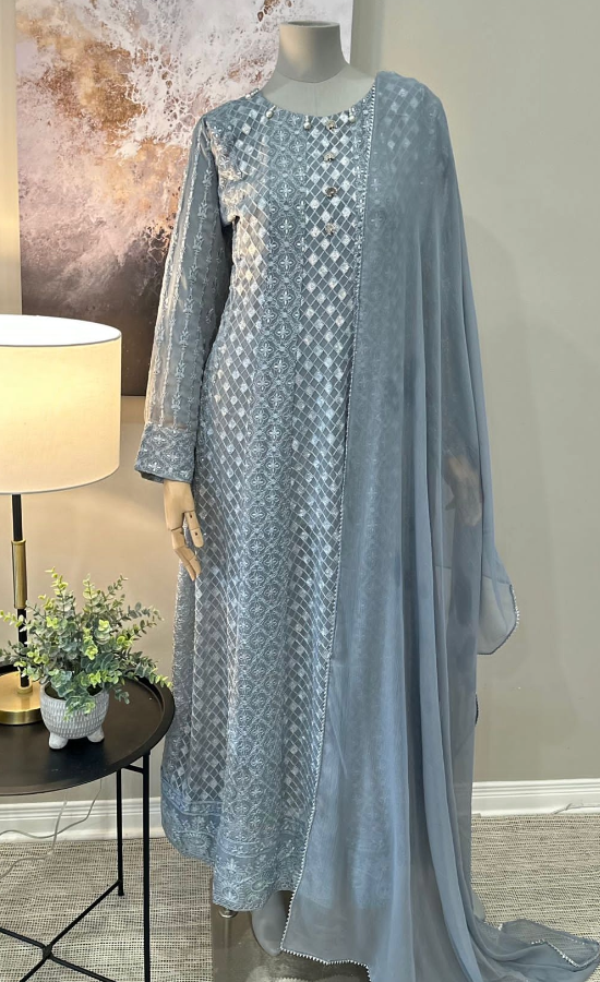 Grey Chiffon Chikankari Frock 3-Piece Suit - Peacock Button