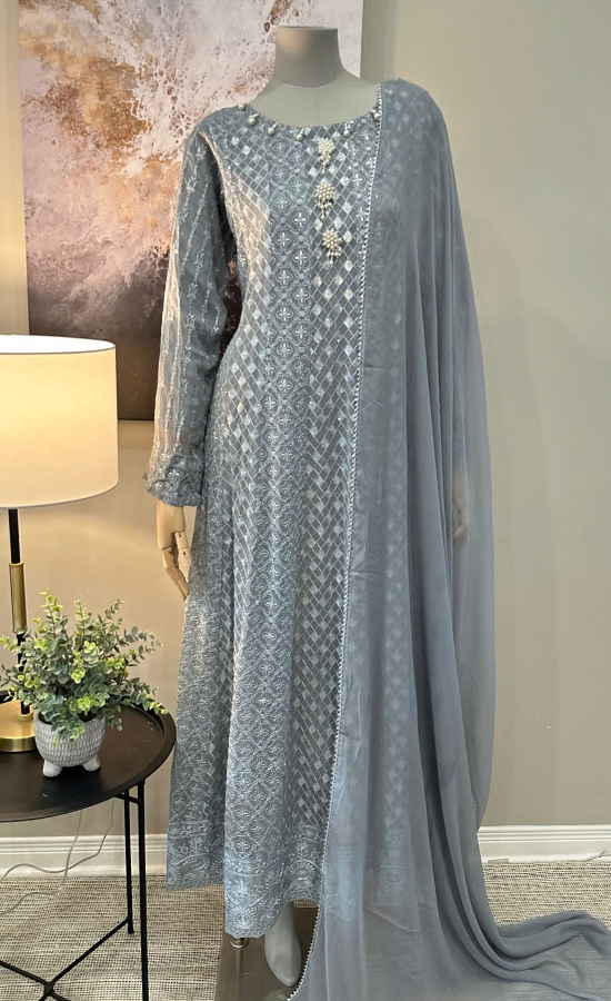 Grey Chiffon Chikankari Frock 3-Piece Suit - Pearl Button