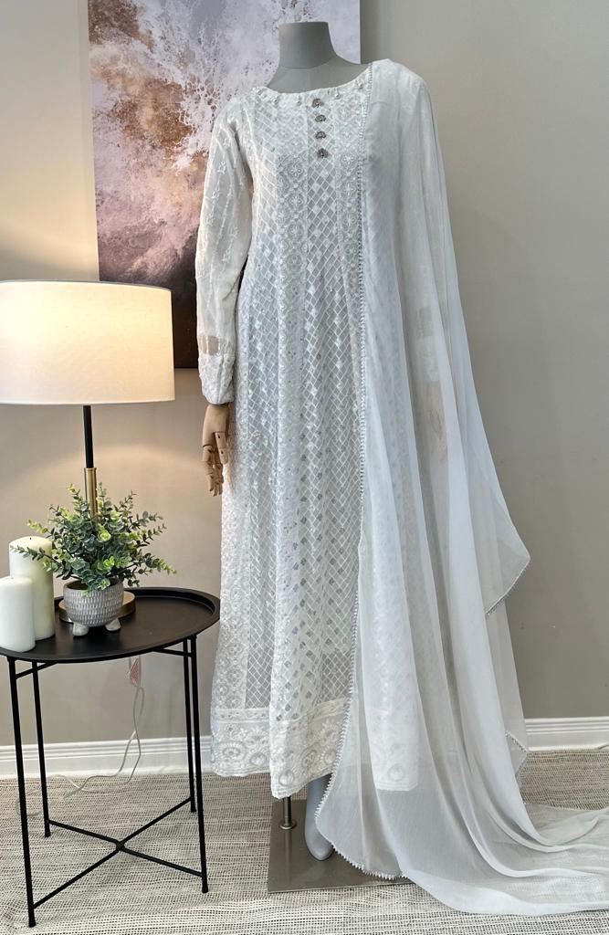 White Chiffon Chikankari Frock 3-Piece Suit - Peacock Button