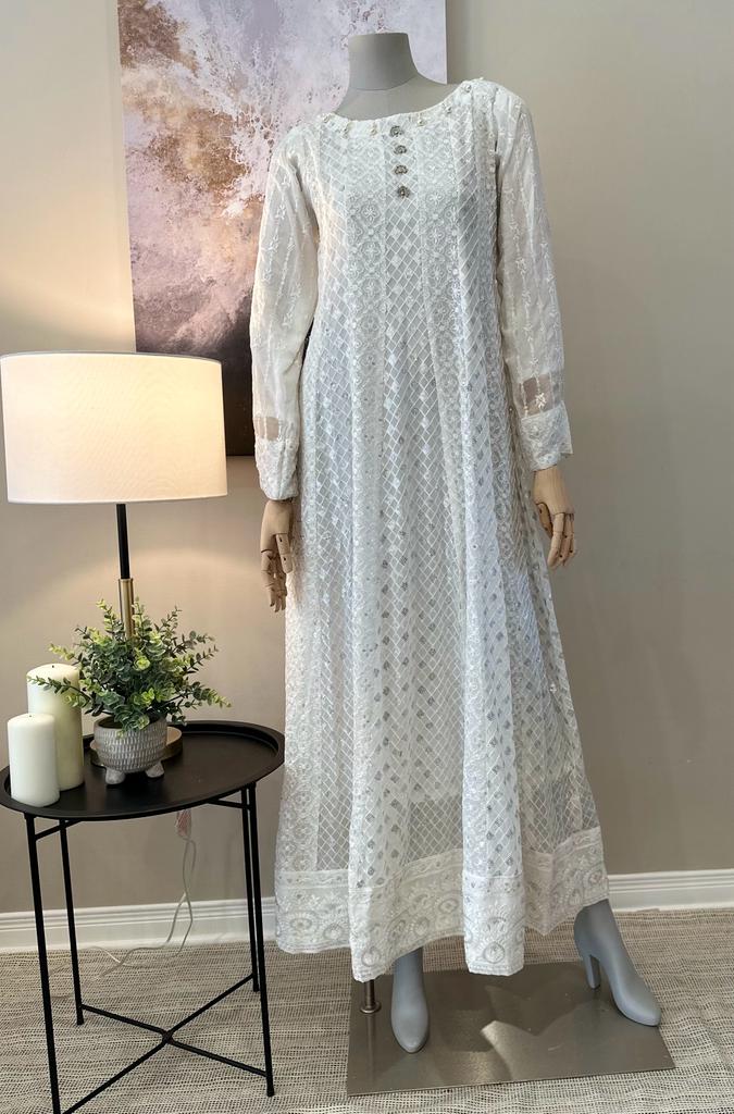 White Chiffon Chikankari Frock 3-Piece Suit - Peacock Button