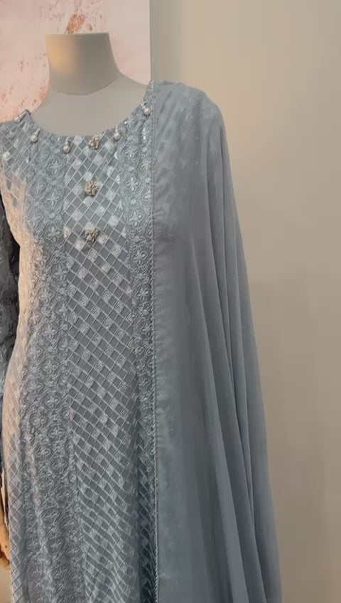 Grey Chiffon Chikankari Frock 3-Piece Suit - Star Button