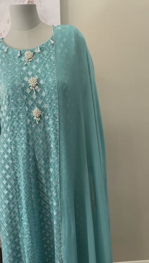 Turquoise Chiffon Chikankari Frock 3-Piece Suit - Pearl Button