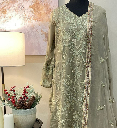 Olive-Grey Chiffon 3-Piece Suit